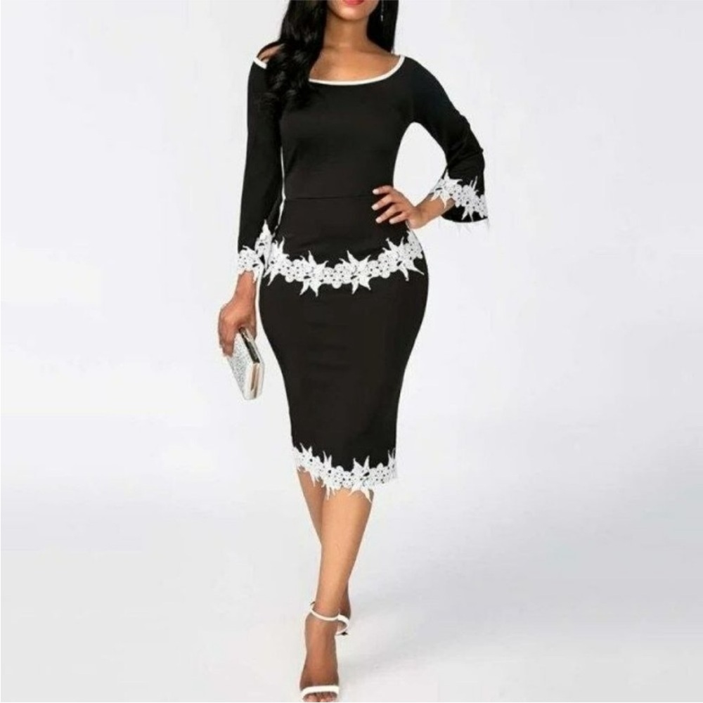 Elegant Black Dress with White Floral Lace Trim